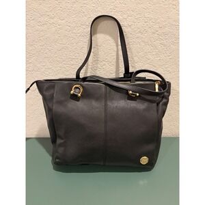 Vince Camuto Black Pebbled Leather Tote Bag Gold Hardware Zip Top Shoulder Bag